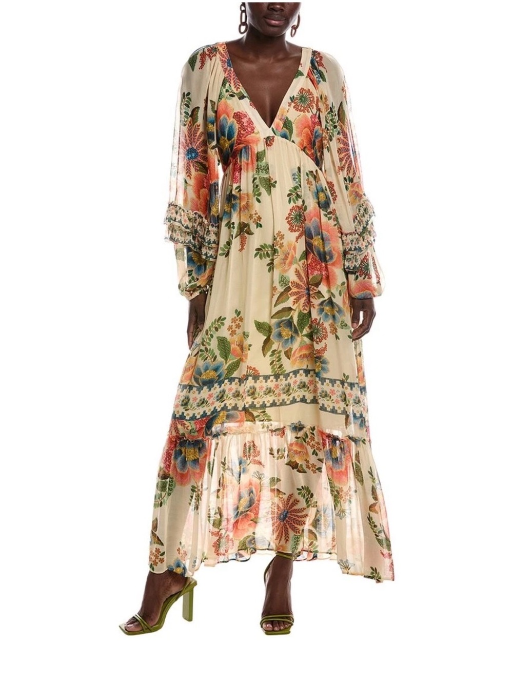 worn once- FARM RIO Bohemian Cream Floral Maxi Dress with V-Neck